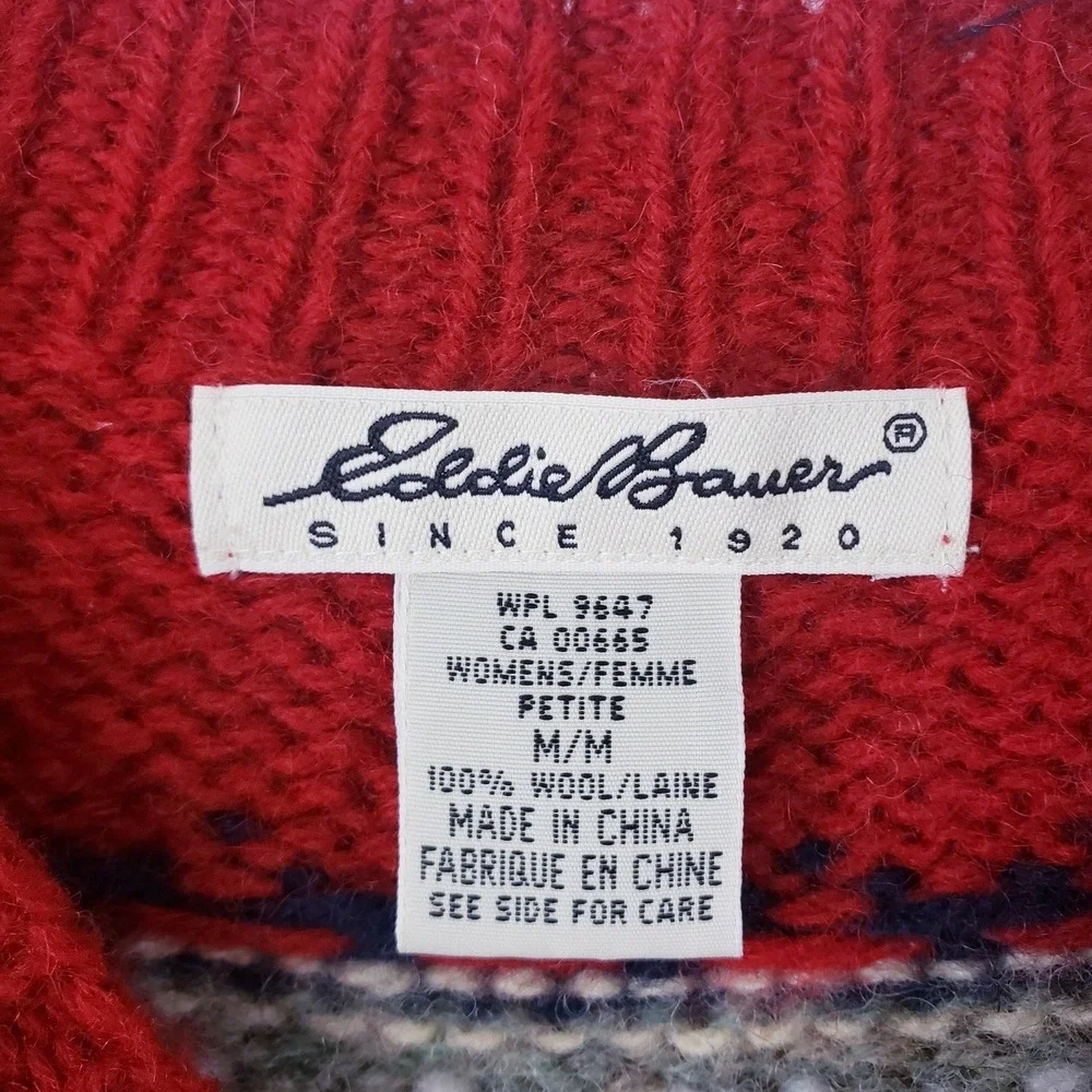 Eddie Bauer Fair Isle Wool Sweater Navy Blue Red Crewneck Womens Petite Medium - Picture 5 of 5